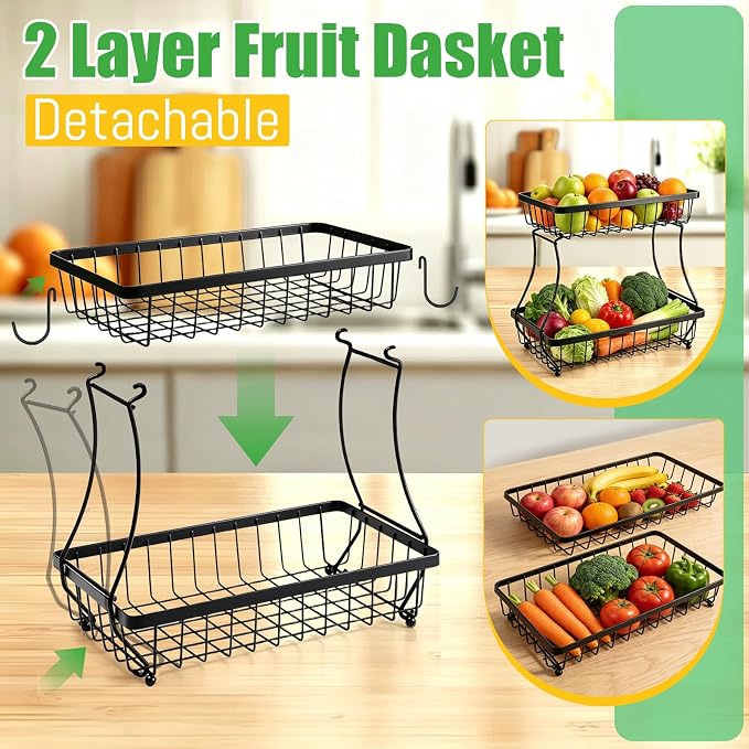 2-Tier Fruit Basket for Kitchen Counter with 2 Banana Hangers | Large Metal Fruit Bowl, Versatile Holder for Veggies, Produce Storage, 12.5"×7.5"×12"-Black