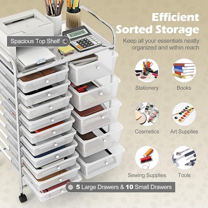 RELAX4LIFE 15-Drawer Rolling Storage Cart - Utility Cart with Metal Frame, Lockable Wheels & Removable Drawers, Multipurpose Art Craft Organizer for Home Office, Classroom (Clear)