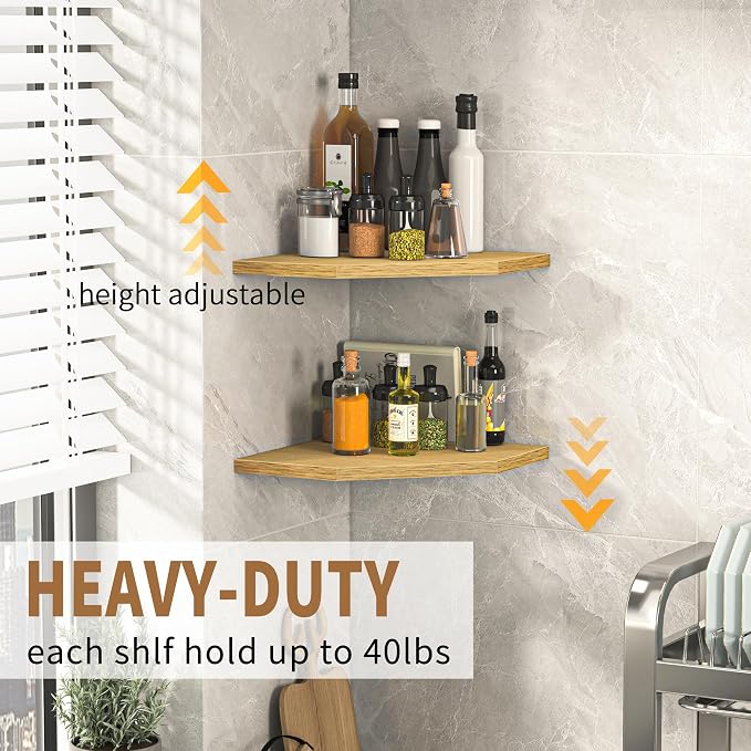 Fun Memories Corner Shelf Wall Mount, Corner Floating Shelves, Set of 4 Corner Wall Shelf Organizer, Rustic Wood Wall Storage Display Shelves for Living Room Bedroom Bathroom Kitchen, Oak