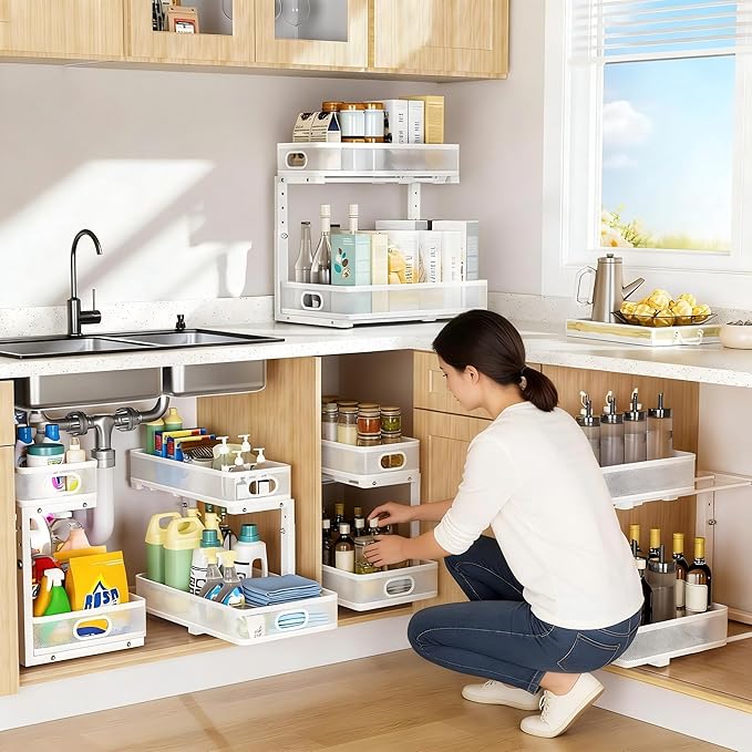Under Sink Organizer, High Adjustable 2 Tier Under Sink Organizers and Storage, Slide out Metal Cabinet Organizers, Pull out Storage Drawer Shelf for Kitchen Bathroom Cabinet (1, White)