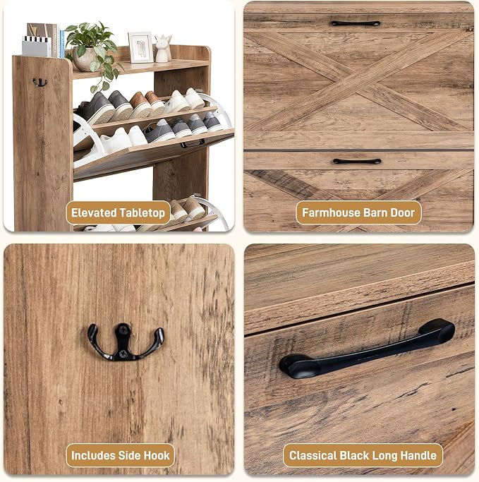 Karl home Grey Farmhouse Shoe Cabinet, Cushioned Entryway Bench Organizer | Space-Saving Freestanding Shoe Rack Organizer, Versatile Storage Furniture Suitable for Entryway and Living Room