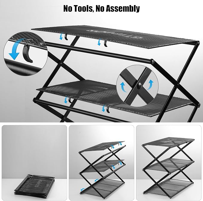 Shoe Rack for Entryway 4 Tier Foldable Shoe Rack Without Assembly Collapsible Metal Shoe Organizer Folding Shoe Storage Rack for Door, Living Room, Black