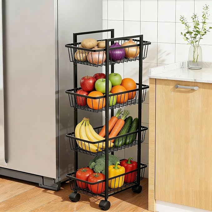 Simple Trending 4 Tier Rolling Fruit Vegetable Basket Cart, Metal Wire Kitchen Storage Organizer on Wheels for Bread Onion Potatoes, Black