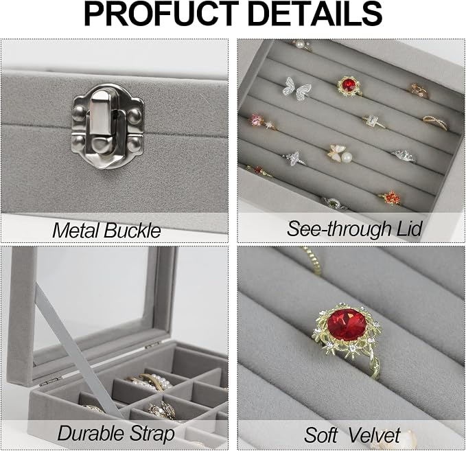 Fordonral Velvet Jewelry Organizer Box, Jewelry Drawer Organizers Trays, Earring Ring Necklace Holder Display Case (Gray, Ring Box)