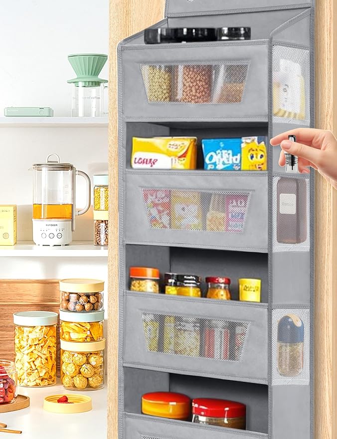 Meolsaek Over the Door Organizer,46lbs Anti-Tilt Behind the Door Storage | 5 main compartments (15.5"L×10.5"H×6"W) and 5 mesh side pockets maximize behind-the-door space for closets or pantries