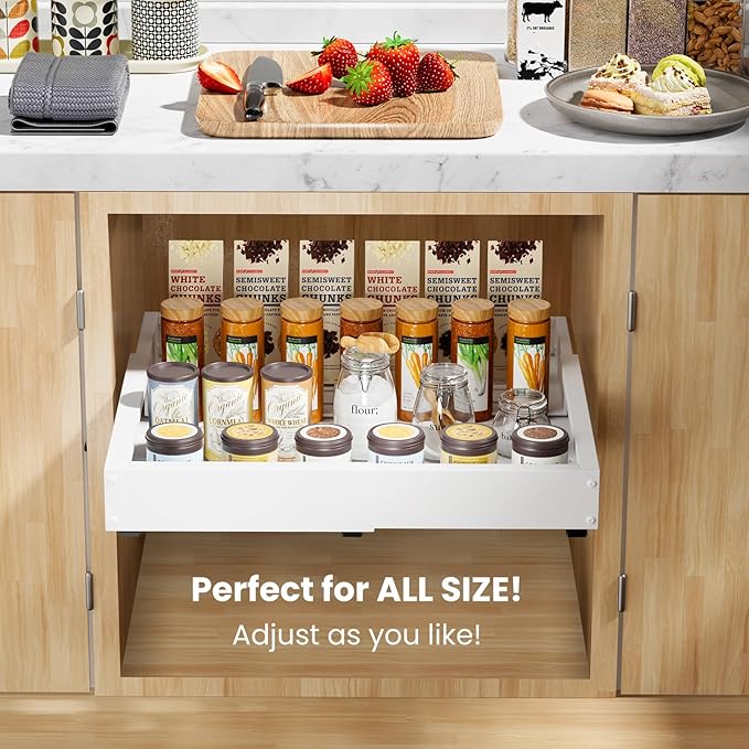 1 Pack Pull out Cabinet Organizer, Width (10"-16") Depth (17"-25"), with 3 Rails Adjustable Slide, Expandable Pullout Drawers for Cabinets, No Drill Adhesive Kitchen Drawers for Pantry Shelves
