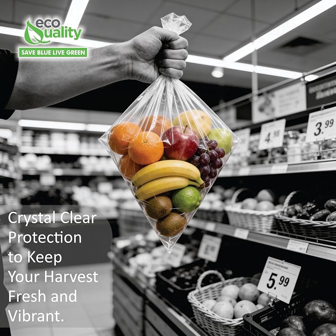 EcoQuality 18" x 24" Plastic Produce Bags on a Roll - 250 Clear Bags/Roll for Vegetables, Fruits, Bread, Pet Waste & Groceries