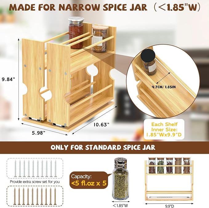 Jolitac Bamboo Pull Out Spice Rack for Cabinet, Slide Out Drawers | 2 Drawers (1.85" Wide), Space-Saving Vertical Organization, Easy to Install, 6" Wide, 2 Drawers, 2-Tier