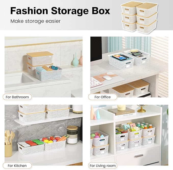Ohmlove Plastic Storage Baskets With Bamboo Lid - Plastic Storage Containers Stackable Storage bins: Storage Baskets for Organizing Shelves Drawers Desktop Closet Playroom Classroom Office, 6 Pack
