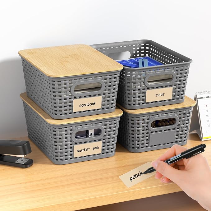 Plastic Storage Baskets with Bamboo Lids and Labels, Stackable Storage Containers, Storage Bins for Organizing Shelves Drawers Desktop Closets Office, 6 Packs-Gray