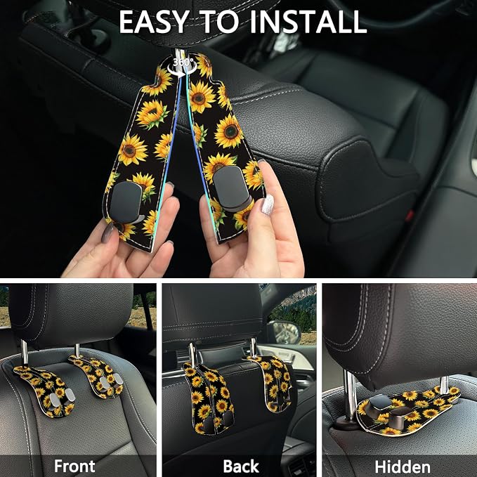 Blusabaca 2PCS Car Seat Back Storage Headrest Hooks, Sunflower Purse Holder Bags Hanger, PU Leather Double Metal Hook for Backseat Organizer, Women Car Accessories Organization
