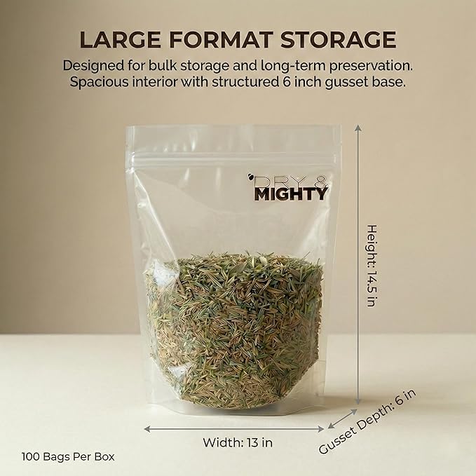 Dry & Mighty Smell Proof Turkey Bag 100 Pack Large 13"x14.5",USA Food Grade, Provides the Perfect Environment for Curing Herbs, Tear-Resistant 1LB Bags, Great for long term herb storage, Bulk