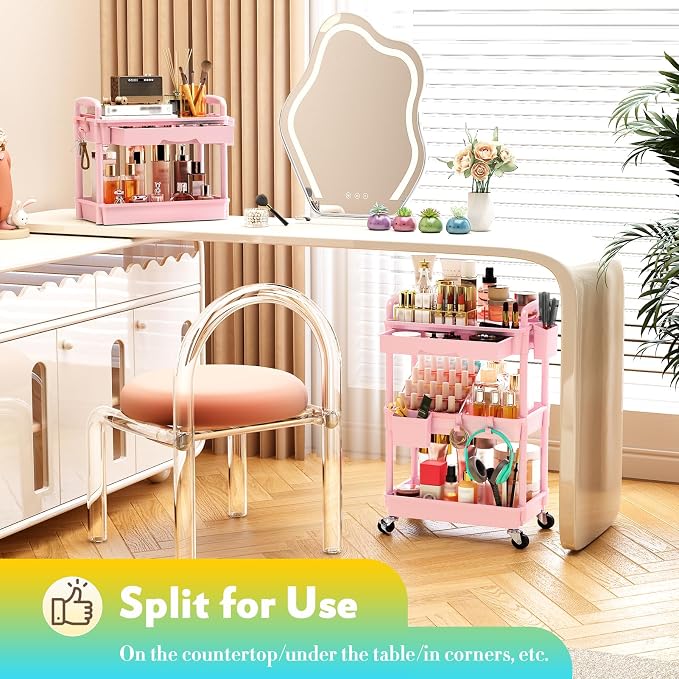 SUNALLY Makeup Cart Organizer with Drawers, Floor Skincare Organizers Vanity Storage Organizer, Rolling Makeup Bathroom Storage Cart Cosmetics Display Cases for Skin Care Perfume Nail Polish, Pink