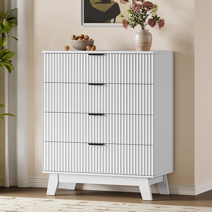 BORNOON 39" Tall Dresser for Bedroom, 4-Drawer Fluted Chest of Drawers, Modern Wood Highboy with Deep Storage, Metal Slides & Handles, Anti-Tip Kit, Vertical Clothes Organizer for Apartment, Nursery