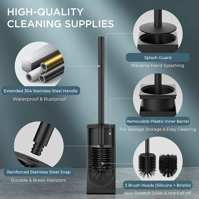 FORIOUS Toilet Brush and Holder Set, Heavy Duty 304 Stainless Steel Base Square and Long Handle for Bathroom Deep Cleaning, Drip-Proof, Space Saving for Storage, 2 Toilet Bowl Brush Head, Black