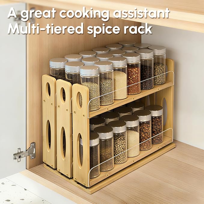 Spice Organization for Cabinet, Kitchen Pull Out Spice Rack Organizer | Bamboo Slide Out Seasoning Pantry Sliding Vertical Organizers, 7.6" Wide, 3 Drawers(2" Wide), 2 Tiers, Assemble Needed