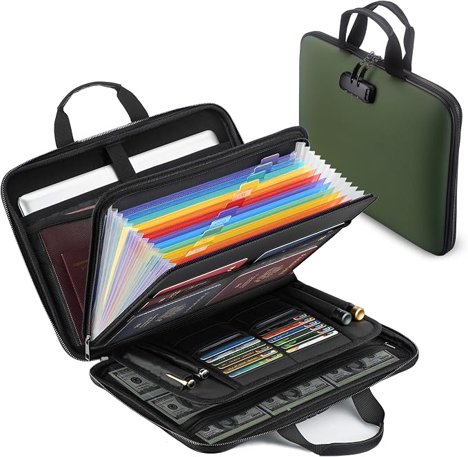 facka Fireproof Document Box with Lock, Hard-Shell Safe File Organizer | 13-Pocket Accordion Folder for Important & Legal Documents, Laptop, Passport, Cards & Valuables, Home Office Travel Green