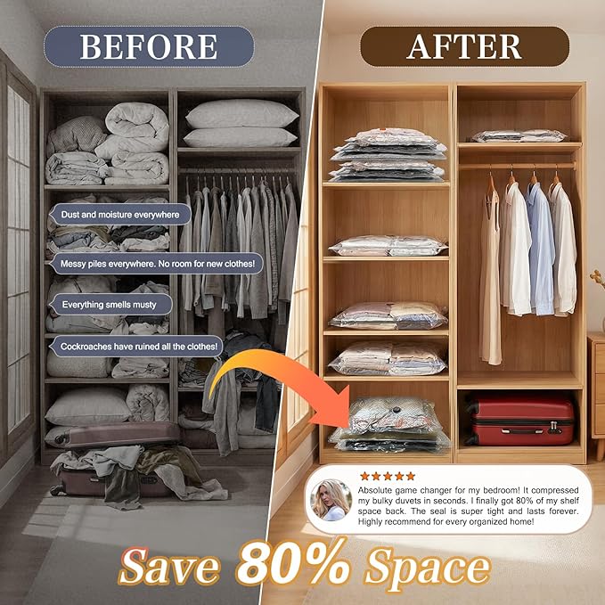 QcoQce Vacuum Storage Bags with Rechargeable Electric Pump, Space Saver Bags for Travel, Vacuum Seal Bags for Clothing, Bedding, Seasonal Storage, Compression Packing Bags for Suitcase