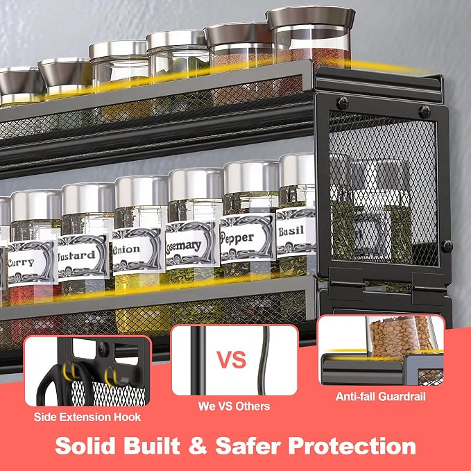 Docnest 3 Tier Refrigerator Magnetic Spice Organizer Shelf with Hooks, Black
