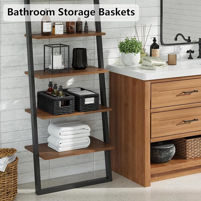 Vagusicc Wicker Storage Basket, Set of 2 Hand Woven Wicker Baskets for Organizing with Handles, Decorative Small Storage Bins for Countertop Toilet Paper Basket for Toilet Tank Top Shelves, Black