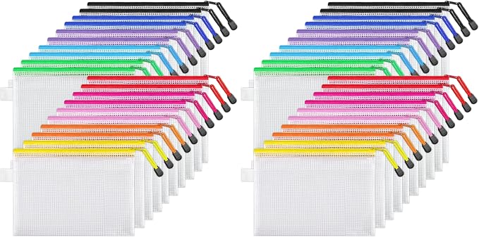 JARLINK 40 Pack 10 Colors Zipper Mesh Document Pouch, 6x9 Inch/A5, Plastic Water-Resistant File Bags, for School Office Supplies, Cosmetics Travel Storage, Assorted Color