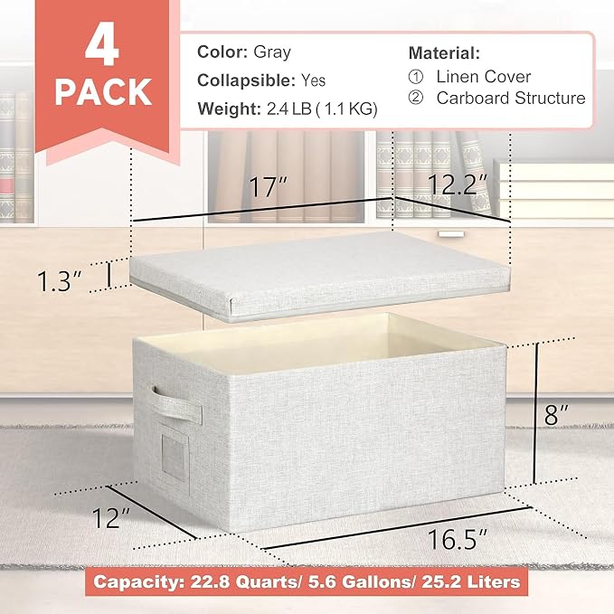 Graciadeco Large 17''x12'' Quart Collapsible Stackable Storage Bins with Lids, 4 Packs Fabric Closet Boxes with Lids, Storage Cube Baskets Container Organizers for Bedroom Office(17''x12.2x''8'')