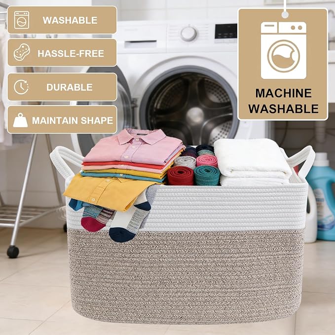96L XXXLarge Woven Laundry Basket with Sturdy Handles - White/Brown | 24x16x15 Foldable Rectangular Blanket Basket for Toys, Clothes & Pillows,Ideal for Nursery, Bathroom, Bedroom, Living Room