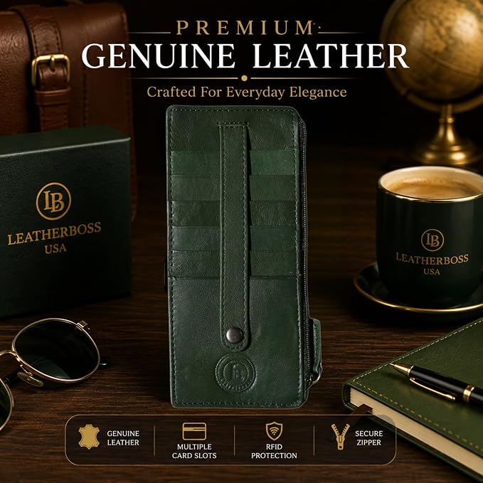 Leatherboss Genuine Leather Women's All in One Credit Business Card Case Holder Slim Zipper Wallet With a Card Protection Strap, Teal Green