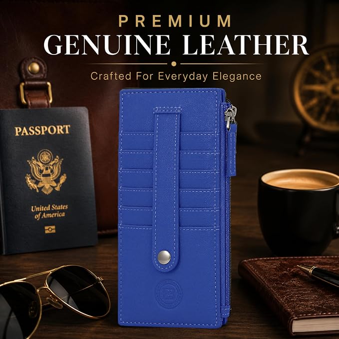 Leatherboss Genuine Leather Women's All in One Credit Business Card Case Holder Slim Zipper Wallet With a Card Protection Strap, Oxford Blue