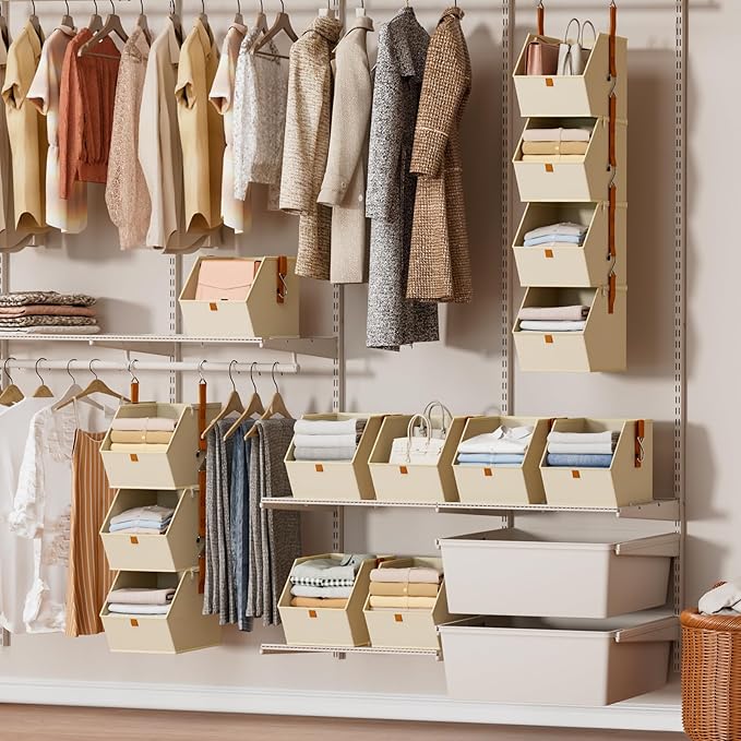 Homsorout Hanging Closet Organizer 4 Tier - Clothes Hanging Shelves, Space-Saving Closet System, Fabric Storage Bins Bedroom Organization, Collapsible Baskets for Home, Dorm, Rv, Beige