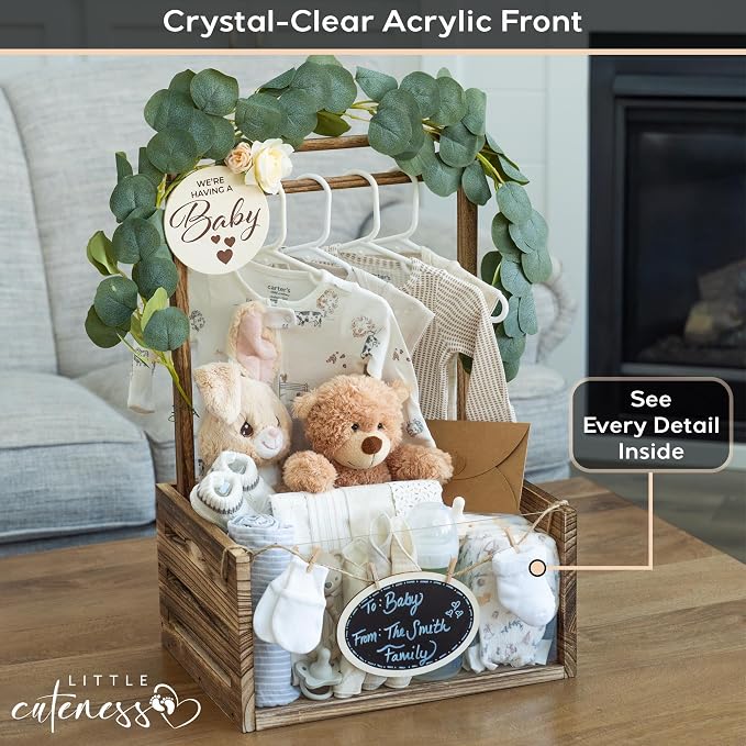 Wooden Baby Shower Crate Closet, Personalized Baby Shower Basket, Burnt with Clear Acrylic Front
