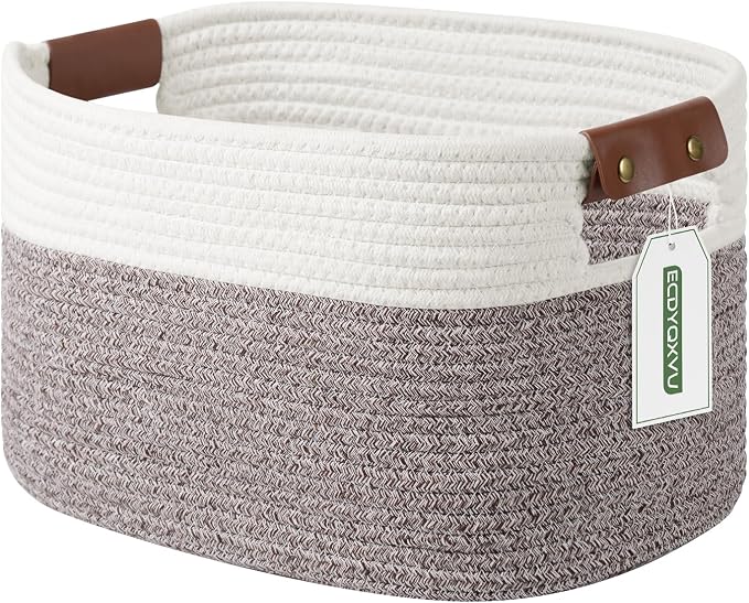 ECDYQXVU 15x10x9 Woven Cotton Rope Storage Basket, Leather Handles 1 Pack | Foldable Design, Sturdy PU Handles, Easy to Clean Organizer for Living Room, Closet, Shelves, Bedroom, Laundry, Clothes
