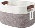 ECDYQXVU 15x10x9 Woven Cotton Rope Storage Basket, Leather Handles 1 Pack | Foldable Design, Sturdy PU Handles, Easy to Clean Organizer for Living Room, Closet, Shelves, Bedroom, Laundry, Clothes