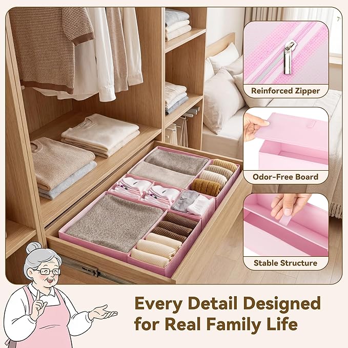 GRANNY SAYS Drawer Organizer Clothes, 6 Pack Dresser Organizer Bins for Nursery, Closet Organization and Storage Dividers for Clothing, Baby Clothes, Underwears, Pink