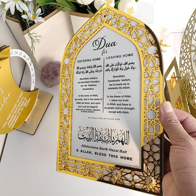 Islamic Wall Art, Acrylic Wood Wall Hanging Organizer with Hooks, Ramadan Mubarak Eid Mubarak Decor, Crescent Moon Key Holder, Islamic Home Decor for Entryway, Ramadan Eid Gifts for Women, Gold-White