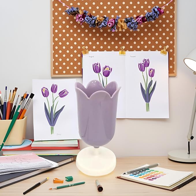 Plastic Tulip Pen Holder Cute Pens Cup for Desk Pen Brush Organizer Office Stationery Supplies Home Decor Desk Supplies Holders and Dispensers (Purple)
