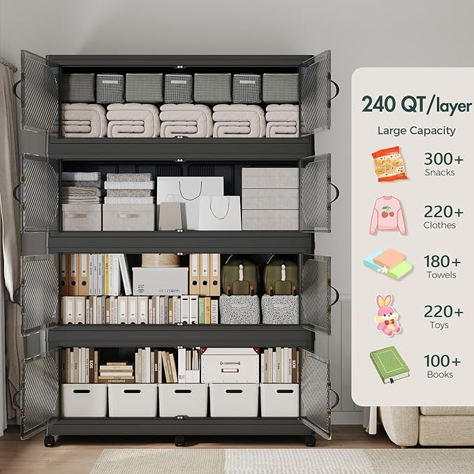 300GAL Plastic Storage Bins with Lid, 1200QT Extra Large Stackable Closet Organizers and Storage, Collapsible Storage Boxes with Wheels, Folding Cabinet for Home Kitchen Office, 5Pack Black