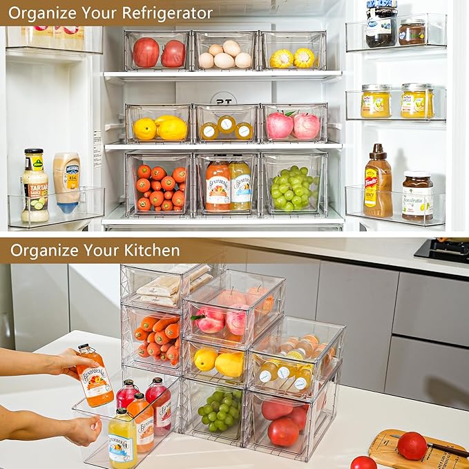 Clemate 4Pack Stackable Kitchen Storage Organizer, Pantry Organizers and Storage, Clear Foods Organizer Bins with Handles, Easily Assemble for Bathroom, Kitchen, Pantry, Cabinet, Closet