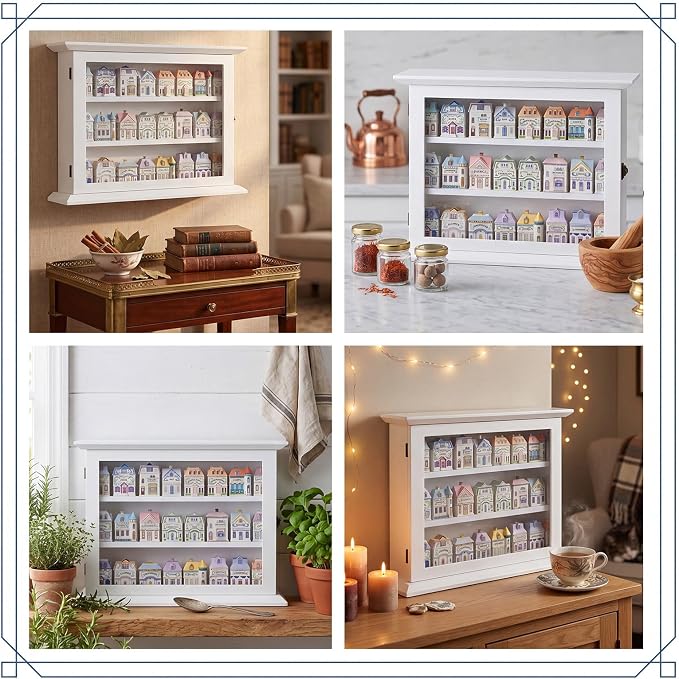 Chunful Vintage Spice Jar Wooden Rack White with Door Spice Shelf for 24 Jars, Village Style Wall Mounting Kitchen Storage Decorative Hanging Display Rack, Shelf Only(19.09 x 14.57 Inches)