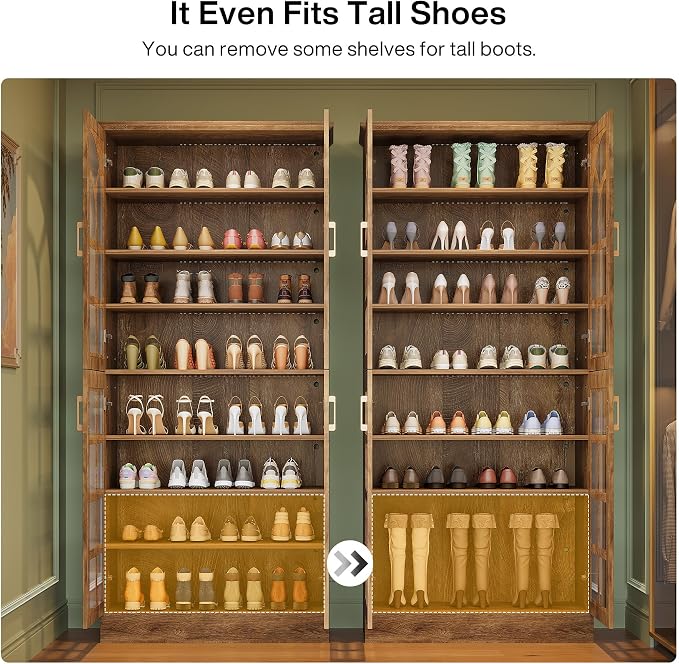 Tribesigns Tall Shoe Cabinet with Doors and Led Lights, 8-Tier Wooden Shoe Rack Organizer with Adjustable Shelves, Narrow Shoe Storage Cabinet for Entryway, Hallway, Living Room, Brown, 2PCs