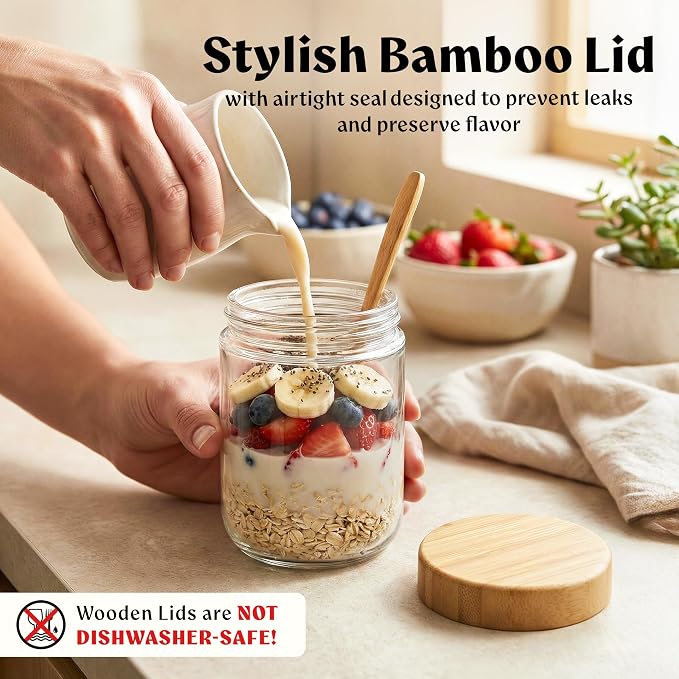 EDELHAUS Overnight Oats Containers with Lids Bamboo (4 x 16oz) Glass Jars for Oatmeal, Meal Prep, Food Storage | Leak-Proof Mason Jars for Oats, Cereal, Yogurt, Chia Pudding [Thicker Glass 3mm]