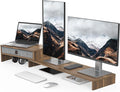Fenge Triple Monitor Stand with Srorage Drawer, Adjustable Length and Angle | Computer Monitor Riser for 2 or 3 Monitors, Wooden Desktop Laptop Stand, Office Organizer for PC, Screen, Tablet, Brown