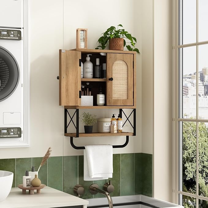RUSTOWN Rattan Bathroom Wall Cabinet, Boho Over The Toilet Storage Cabinet | Arched Rattan Doors, Modern Medicine Cabinet, Adjustable Shelves, Towel Bar, Rustic Oak
