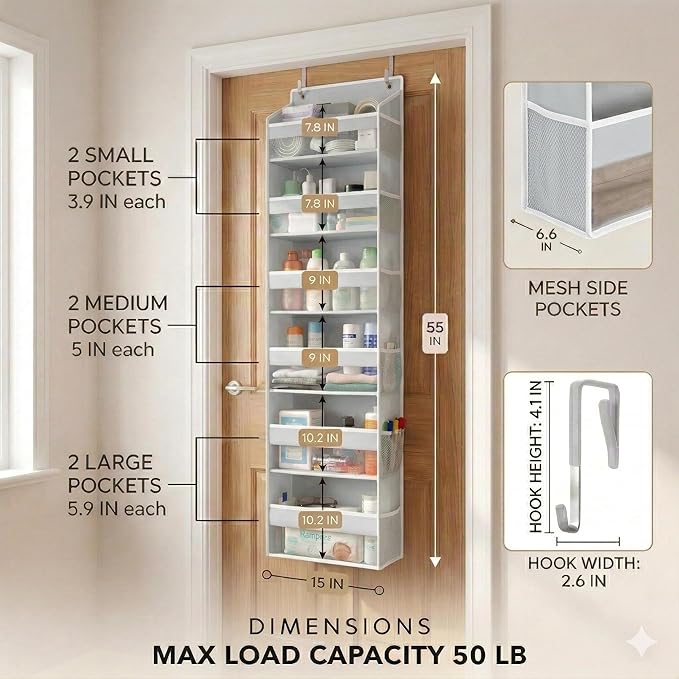 HOMELUX THEORY UPGRADED 6 Tiers Over The Door Organizer Hanging - 100D EXTRA THICK & 50lbs HUGE CAPACITY, 12 Side Mesh Pockets Over The Door Shoe Organizer, Hanging Closet Organizer (Light Gray, 2pc)