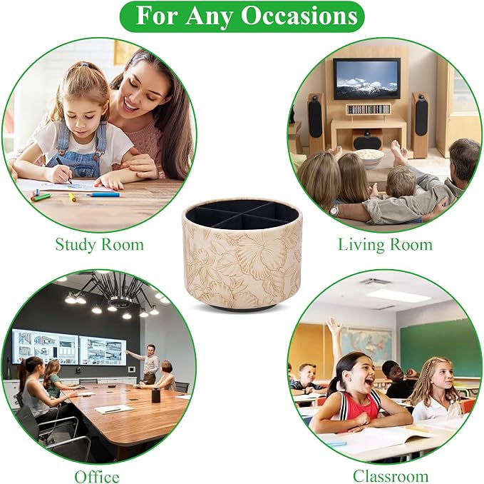 Round Leather Art Supply Organizer,Remote Control Holder,360 Degree Spinning,Multi-Functional Pencil Holder,4 Compartments Desktop Stationary Organizer(1-Carved Light Brown)