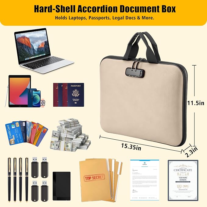 facka Fireproof Document Box with Lock, Hard-Shell Safe File Organizer | 13-Pocket Accordion Folder for Important & Legal Documents, Laptop, Passport, Cards & Valuables, Home Office Travel Beige