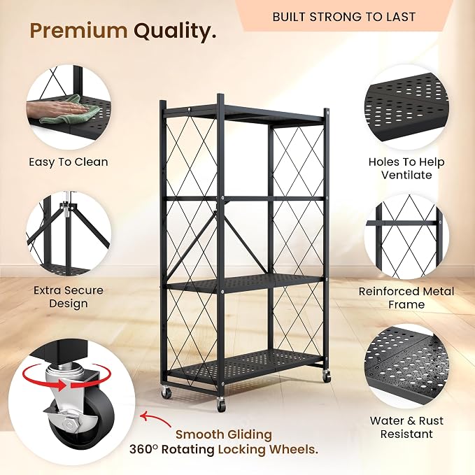 Our Modern Space 4-Tier Foldable Storage Shelf with Wheels | Metal Rack Collapsible Shelving Display | Rolling Cart for Books Kitchen Storage Shelves | Pantry & Closet Organizer | Office Room Decor