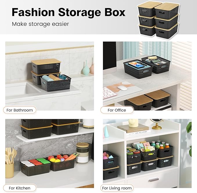 Ohmlove Plastic Storage Baskets With Bamboo Lid - Plastic Storage Containers Stackable Storage bins: Storage Baskets for Organizing Shelves Drawers Desktop Closet Playroom Classroom Office, 6 Pack