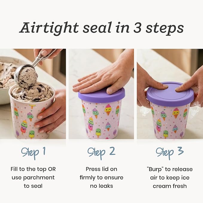 StarPack Freeze The Day Homemade Ice Cream Containers (2-Pack, 1 Quart) - Airtight Silicone Lids, BPA-Free Reusable Ice Cream Freezer Containers with Lids, Stackable, Kawaii Pink & Green