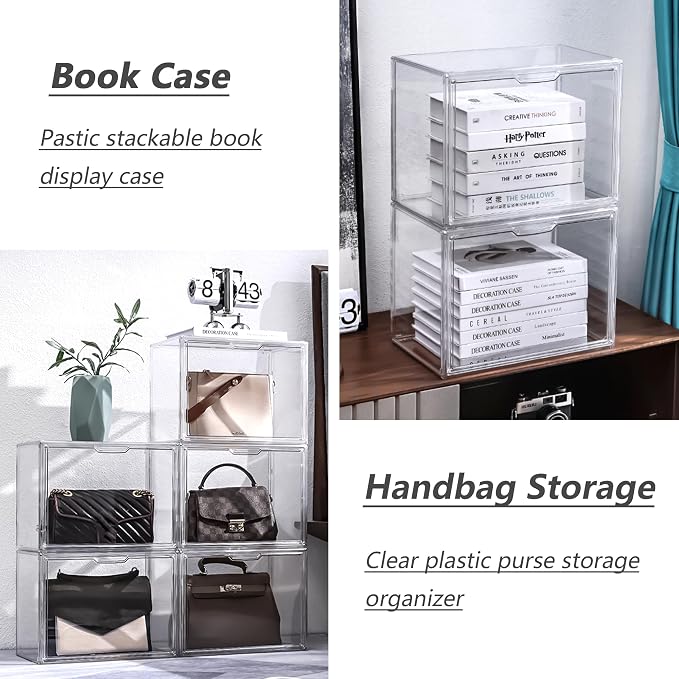 Clear Stackable Plastic Storage Bins with Magnetic Attraction Lid, Acrylic Box Display Case Showcase for Cosmetic, Large Figures Collectibles (4 Pack, X-Large)